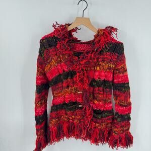 Hand Knit Wool Cardigan Boho Fringe Chunky Button Front Multicolor Sweater